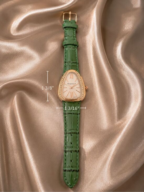 Womens Green Vegan Leather Crystal Watch Rose Gold Tone Elegant Dress Wristwatch main image 4